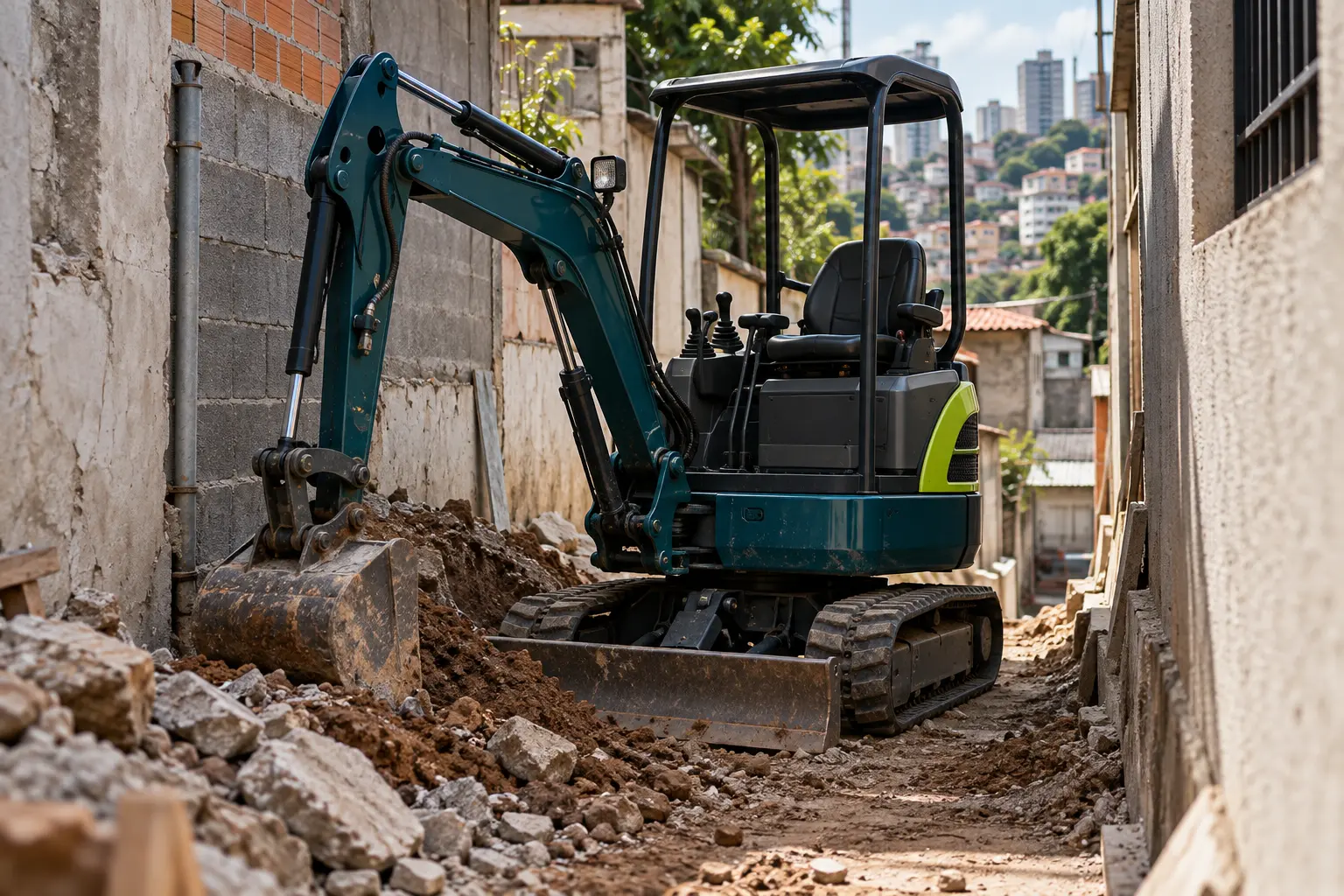 Ilustração de mini-escavadeira em obra urbana